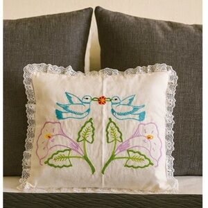Trapunto White Embroidered Lace Trim 3D Birds and Flowers Pillow Sham 22”x 18”